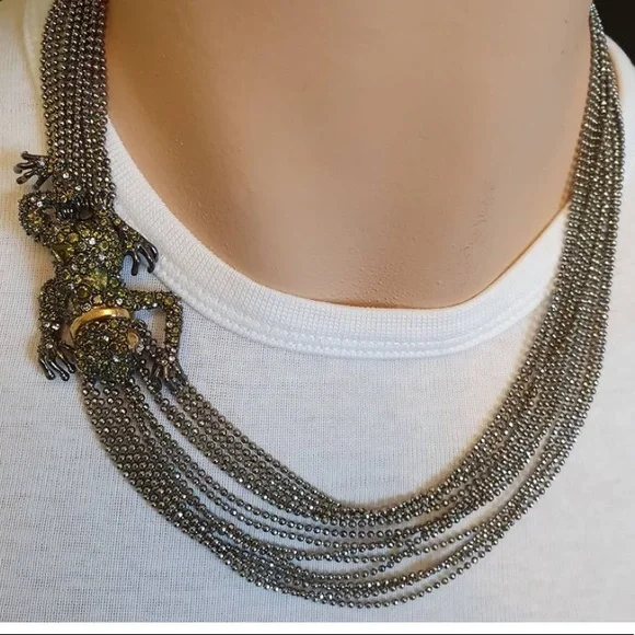 Alexis Bittar Asymmetrical Crystal Frog Draped Multi Strand Ball Chain Necklace - Picture 13 of 14